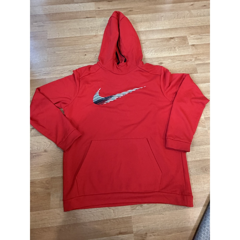 Nike Mens Dri-FIT Hoodie Red Graphic Swoosh Logo Sweatshirt Large Standard Fit